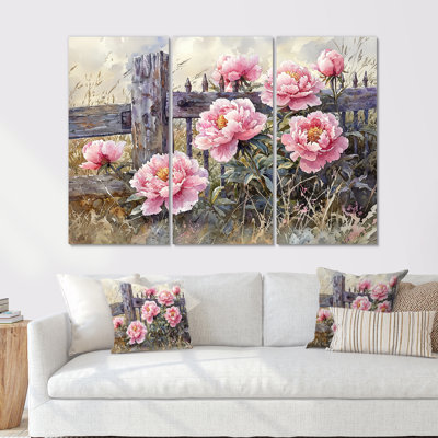 Pivoines par la porte de la ferme I - art mural pivoines - ensemble de 3