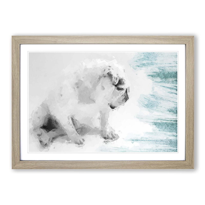 White British Bulldog Profile in Abstract - Picture Frame Painting Print, 35cm H x 50cm W x 2cm D, Oak