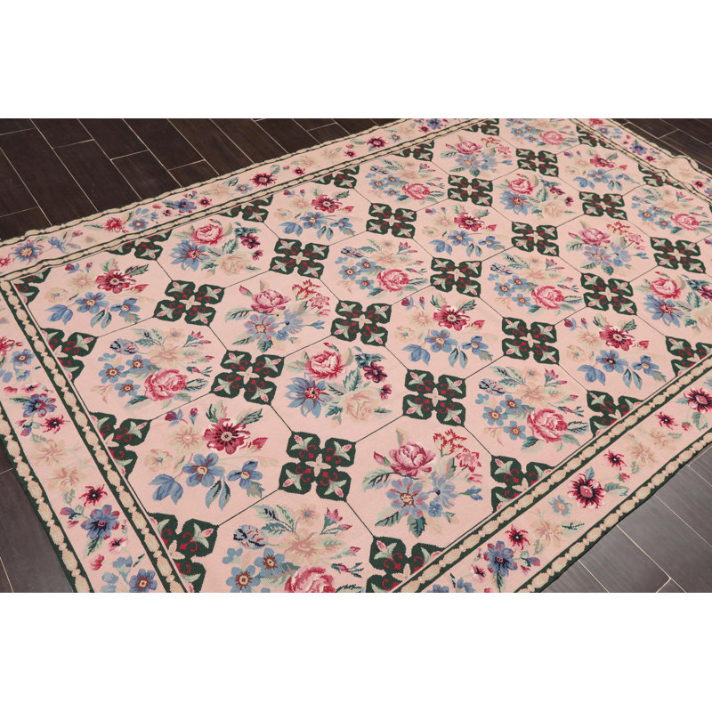 Tapis unique en laine abricot, bleu et vert noué à la main 5 pi 9 po x 8 pi 9 po Suellen