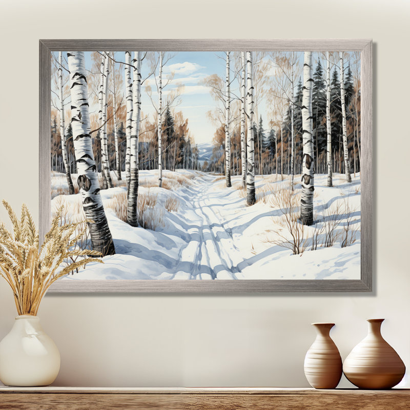 «Winter Birch Wood Forest II - Tree Birch», art mural, Cadre de coin argenté fermé, H 24 po x l 32 po x P 1 po