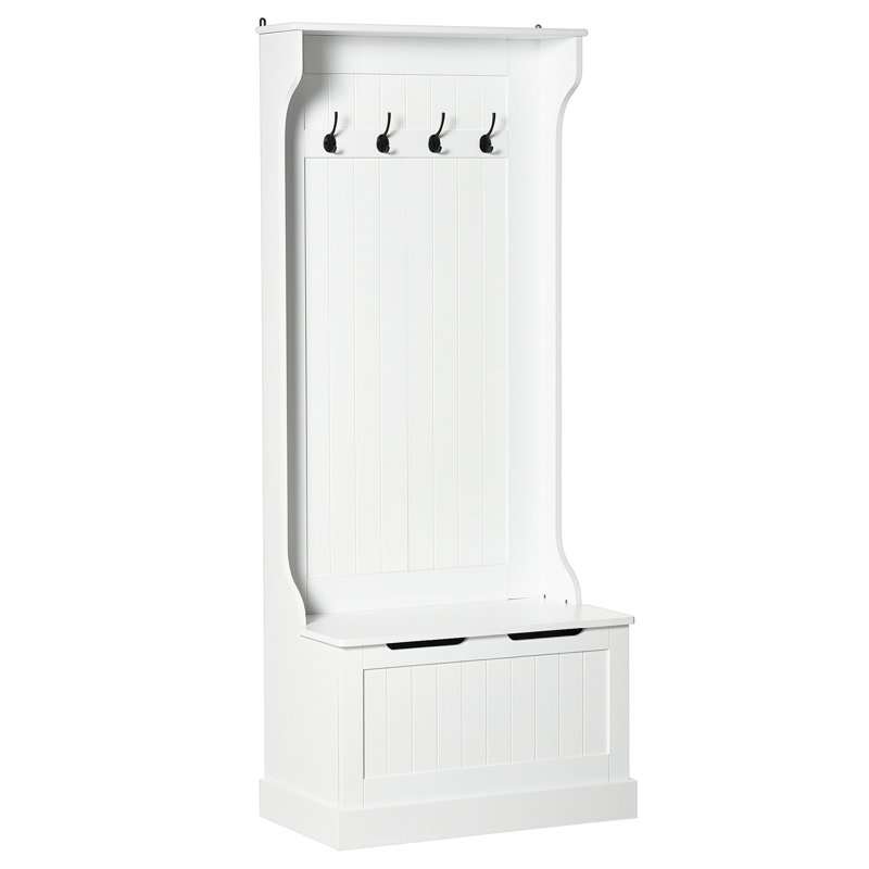 Hall Tree With Coat Rack, Storage And Sitting Bench, White, White