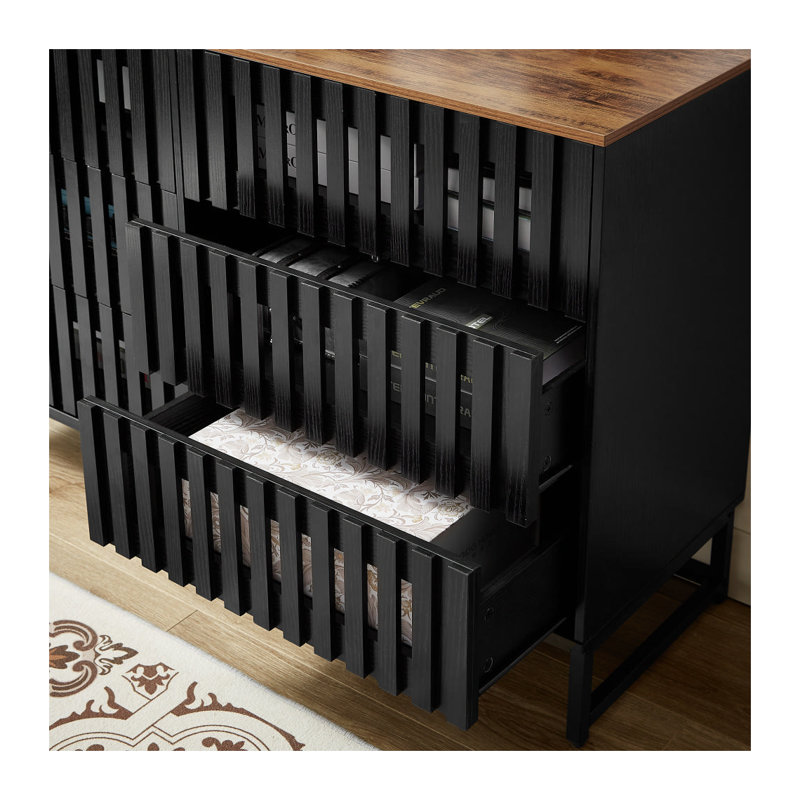 Commode double 6 tiroirs Modern avec grille à lattes - Commode en bois noir et brun pour le rangement de la chambre à coucher avec pieds en métal