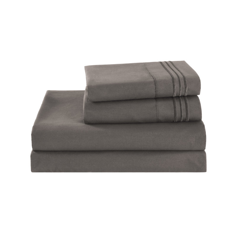 3/4 Pcs Soft Solid & Embroidery Bed Sheets Set, Twin, Gray