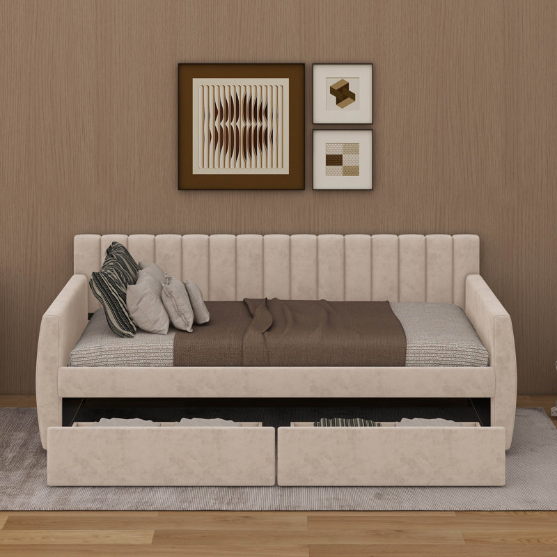 Lit de jour simple tapissier avec tiroirs, Beige