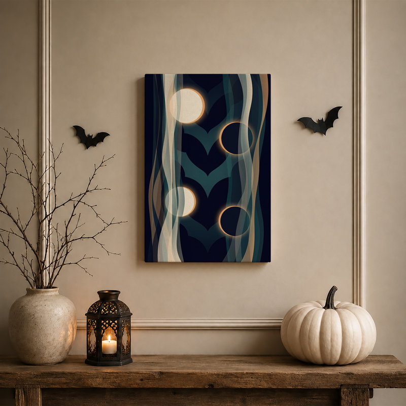 Toile murale d'Halloween : Vagues bleues et turquoise abstraites avec des cercles lumineux, 36"H x 24"W