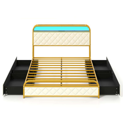Bed Frame With Led Lights & Charging Station Storage Headboard & Drawers