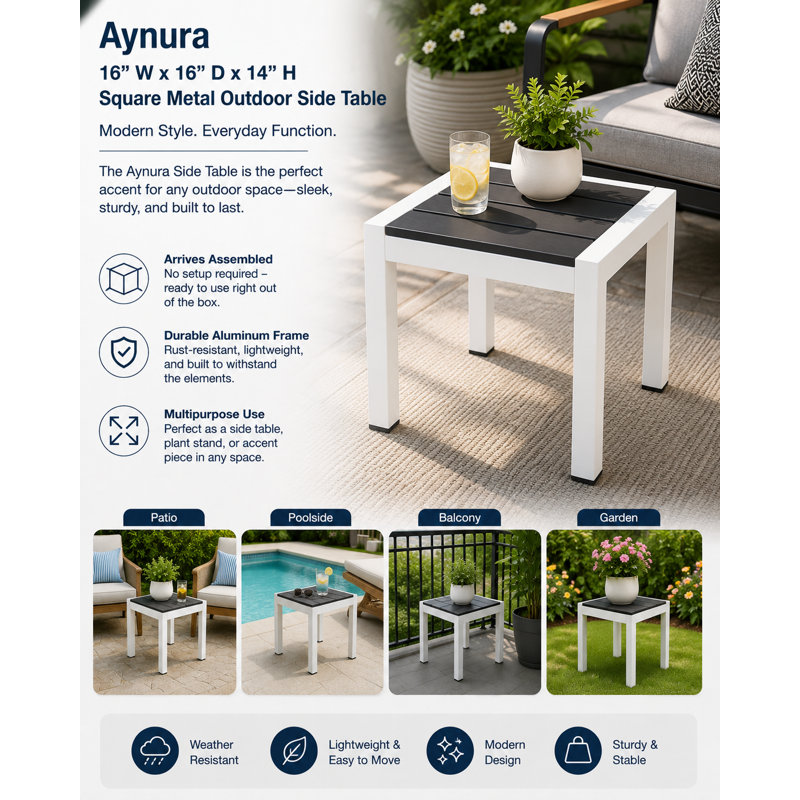 Table d'appoint extérieure carrée en métal l 16 po x P 16 po Aynura, Blanc/Noir