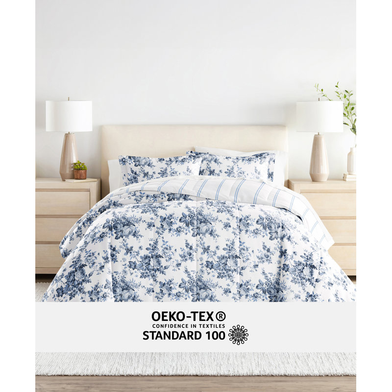 Blue Floral Reversible Down Alternative Comforter Set, Full