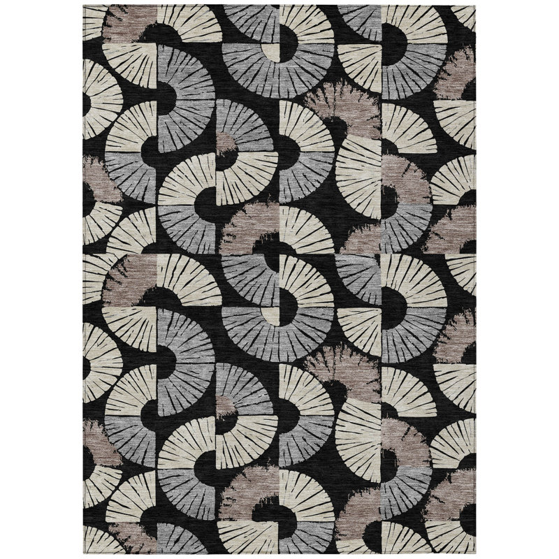 Machine Washable Indoor/Outdoor Chantille ACN2462 Spiral Rug, 5' x 7'6", Black