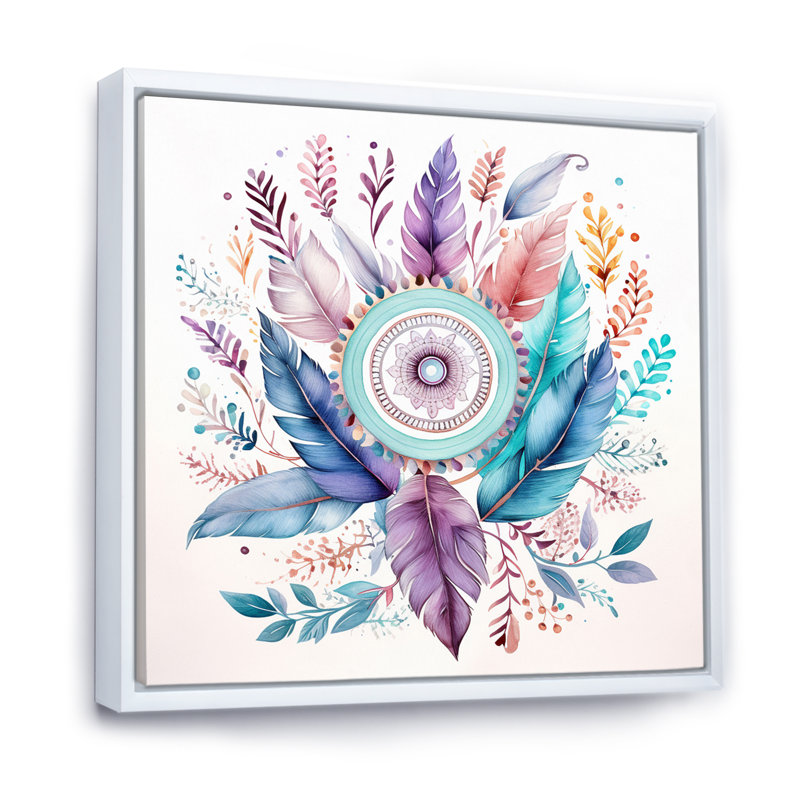 Attrape-rêves pastel turquoise Boho sur toile, H 16 po x l 16 po x P 1 po, Cadre flottant blanc