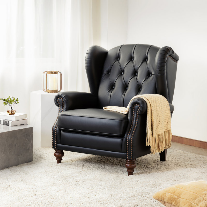 Amyri 33" Wide Genuine Leather Wingback Armchair with Button-Tufted, Black Genuine Leather