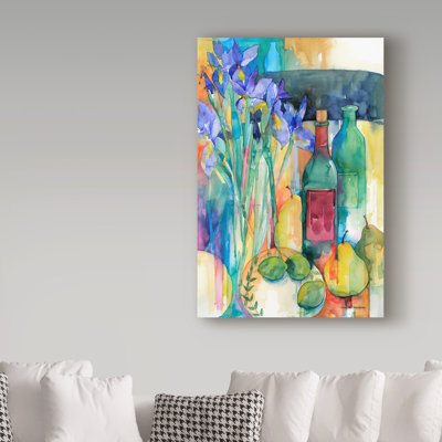 «Table Scape with Irises» par Mattox, reproduction d'aquarelle sur toile tendue