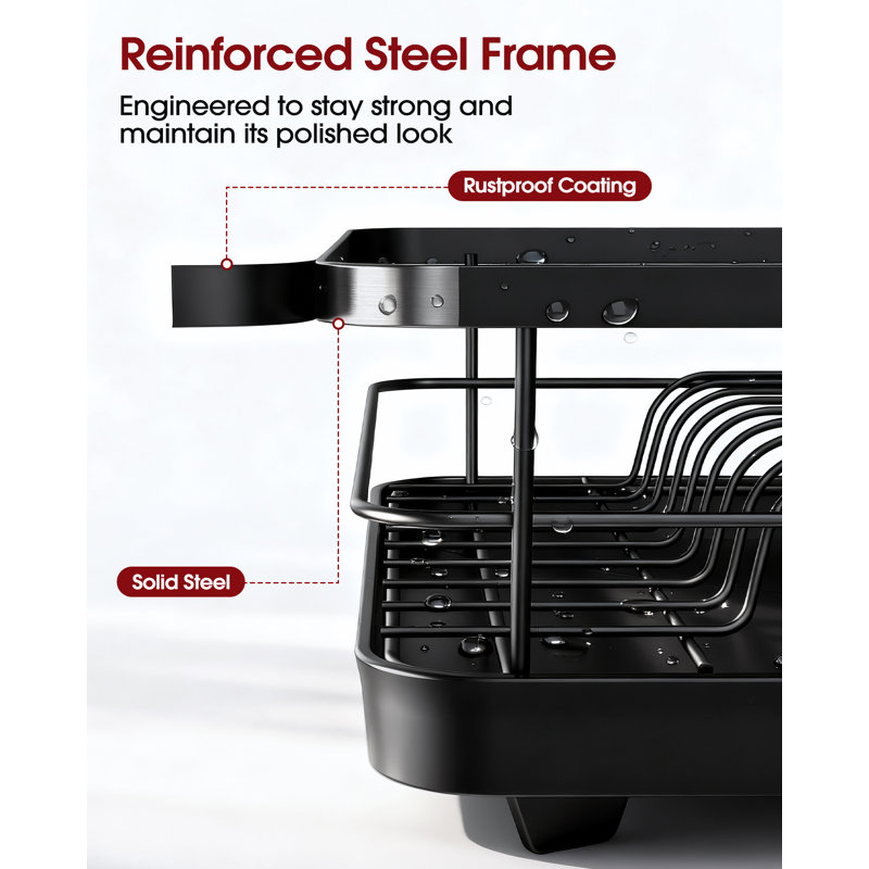 Stainless Steel Dish Drying Rack for Kitchen Counter, Sink Organization and Storage Essentials with Silverware & Utensil Holder, Home and Apartment Decor, 12.5''W x 16.5'L, Black