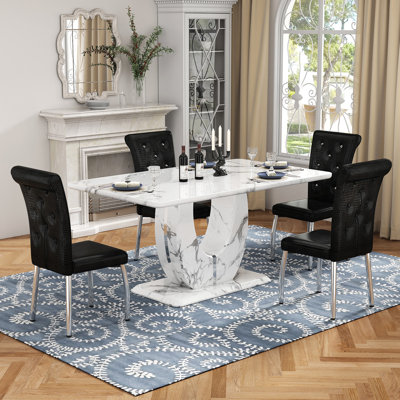 Modern 63" Faux Marble Dining Table Set with Spring-Supported PU Leather Chairs