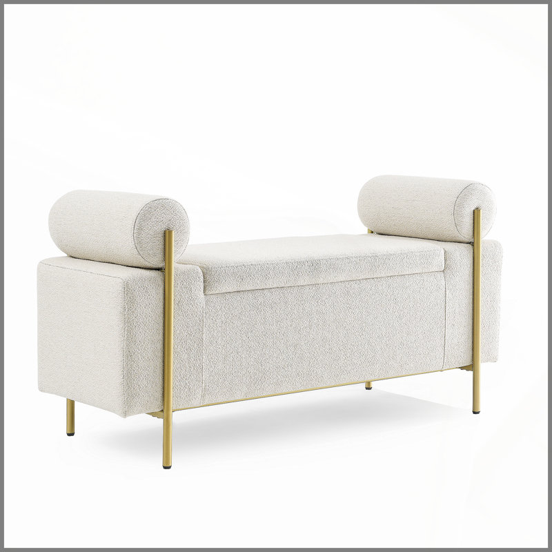 Élégant banc de rangement rembourré en lin avec accoudoirs cylindriques et pieds en fer pour le couloir du salon, beige