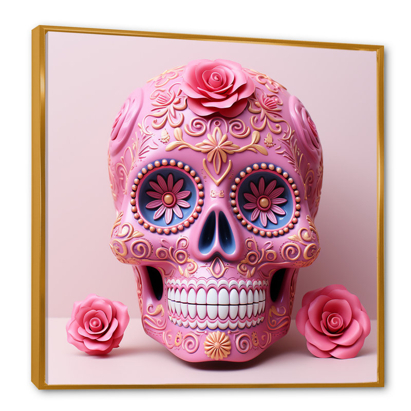 Tête d'art mexicain La Calavera, Cadre flottant doré, H 24 po x l 24 po x P 1 po