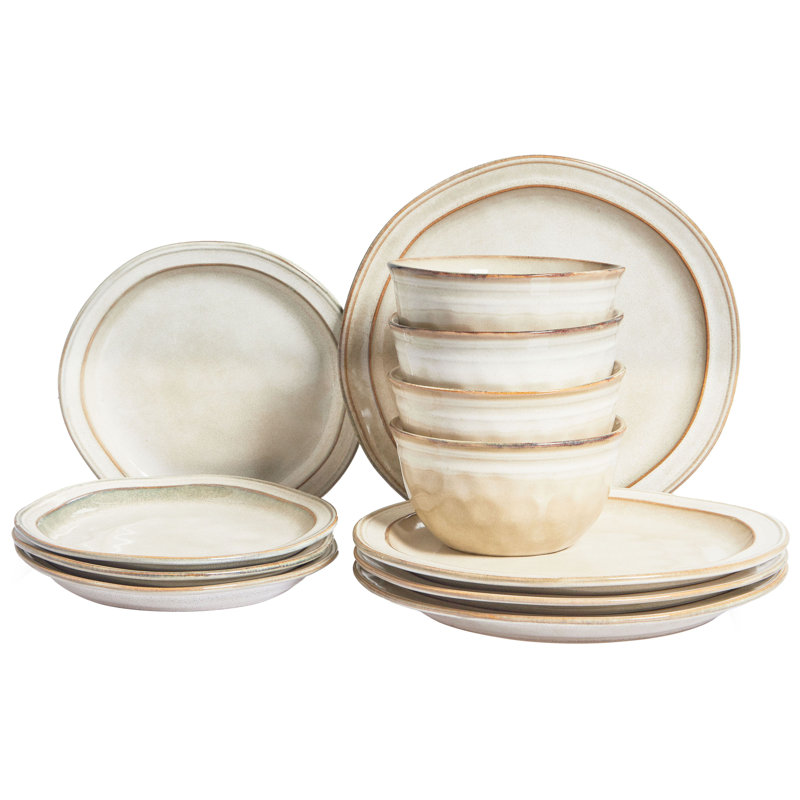 Chives Piece Handmade Stoneware Dinnerware Set - Service for 4, Beige