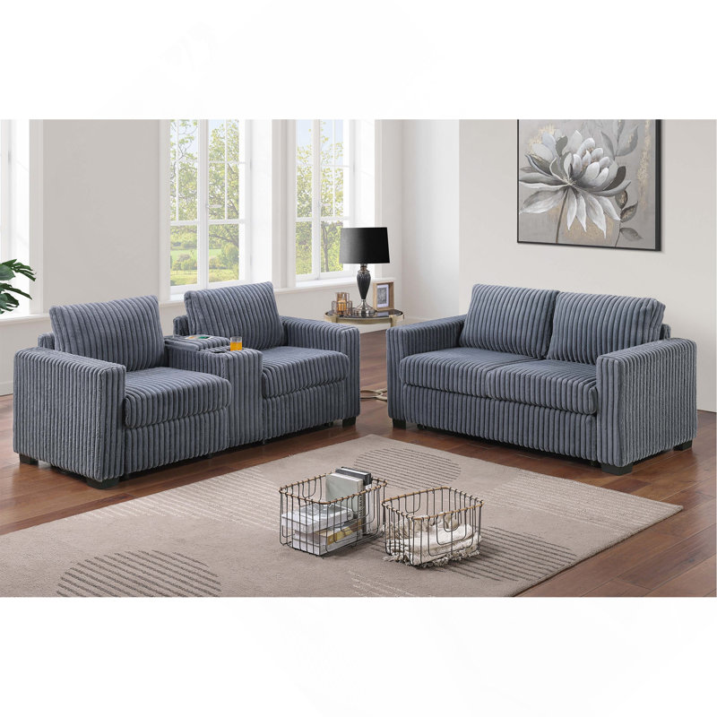 Ensemble de canapés 2 pièces de style moderne 1 x canapé 1 x 1 causeuse Coussin de dossier à pieds en plastique Porte-gobelets Port de charge Revêtement en velours côtelé gris foncé Salon principal