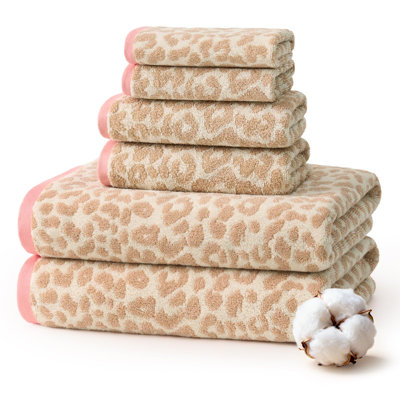 Leopard Print Towel Set of 6,100% Cotton Bathroom Towels,Quick Dry & Absorbent,2 Bath Towel, 2 Hand Towel, 2 Washcloth-Pink