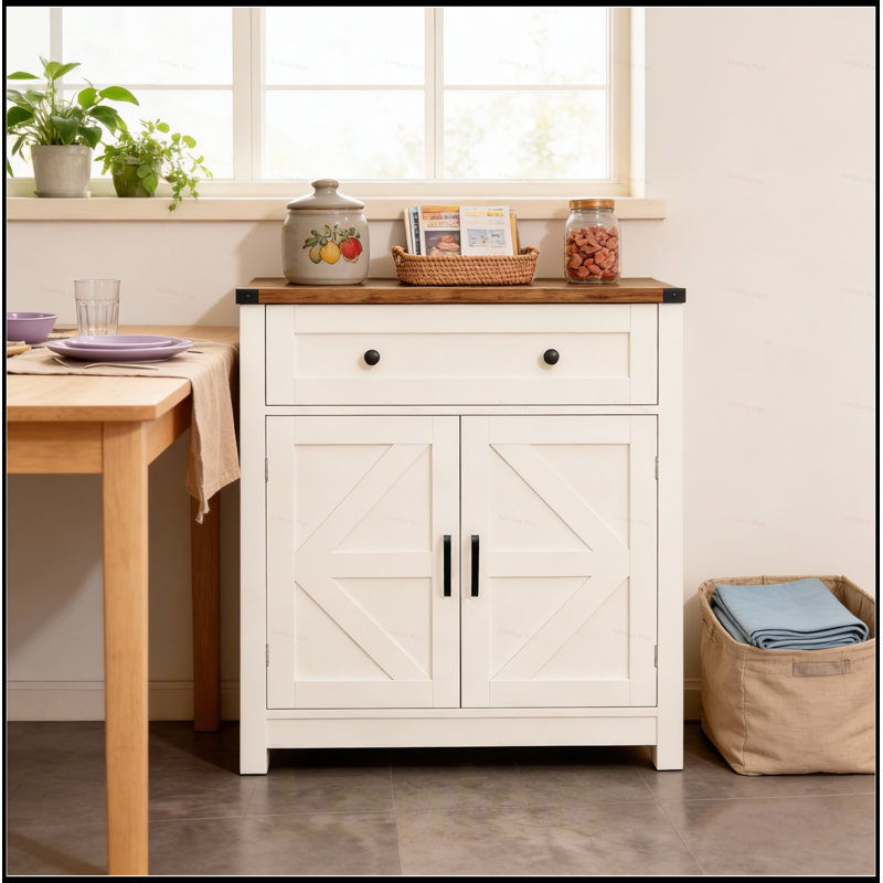 Washed Wood Farmhouse Barn-Door Storage Cabinet, Coffee Bar Buffet Sideboard with Drawer for Kitchen and Living Room, White