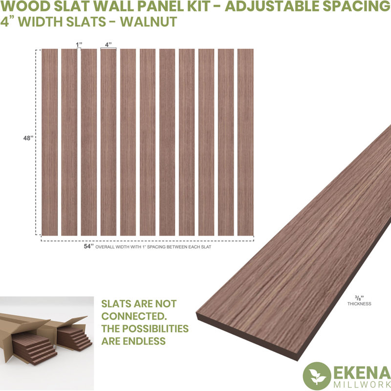 Adjustable Wood Slat Wall Panel Kit, 4"W x 47"H x 0.375"T, Walnut