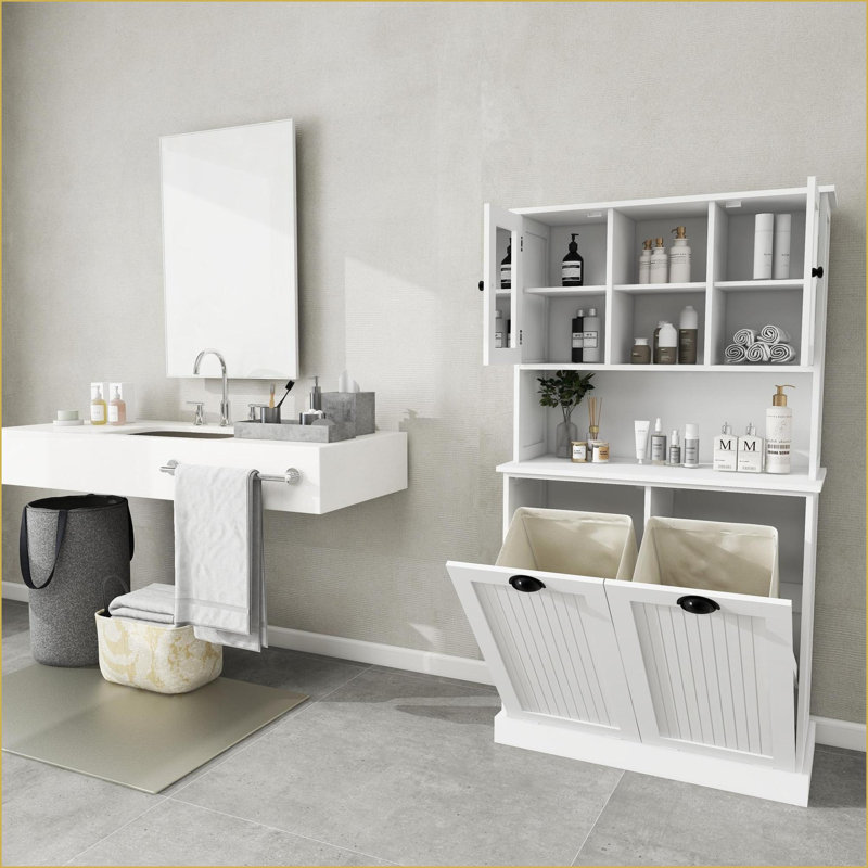 Cabinets with Tilt-Out Laundry Baskets &amp; Adjustable Shelves for Bathroom, Snow White | Minimalist MDF