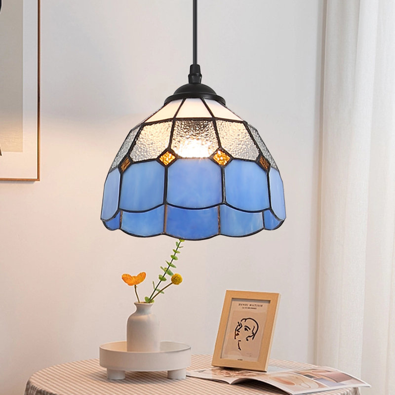Barclay Modern Vintage Tiffany Blue Glass Style Hanging Pendant Lighting, Adjustable Plug In Chandelier  For Living Room