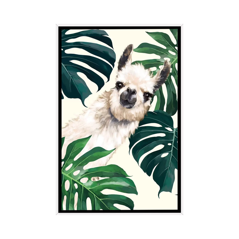 Lama sournois avec art Monstera, H 26 po x l 18 po x P 1,5 po, Toile blanche encadrée