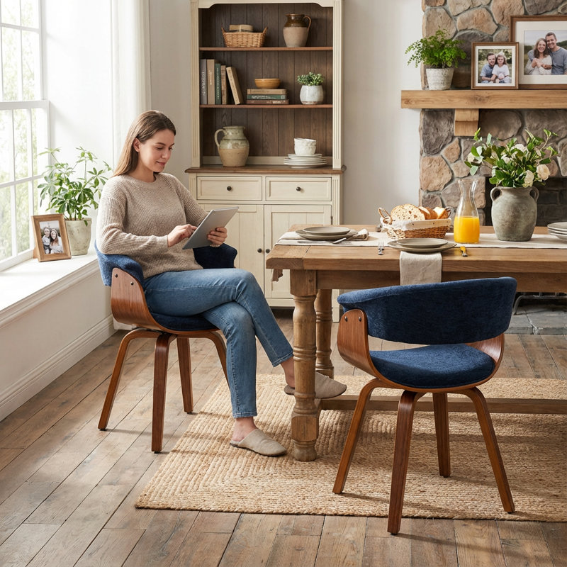 Modern Upholstered Dining Chairs, Blue Fabric With Wooden Legs, Soft Padded Seat And Back, Scandinavian Kitchen And Dining Room Side Chairs​​