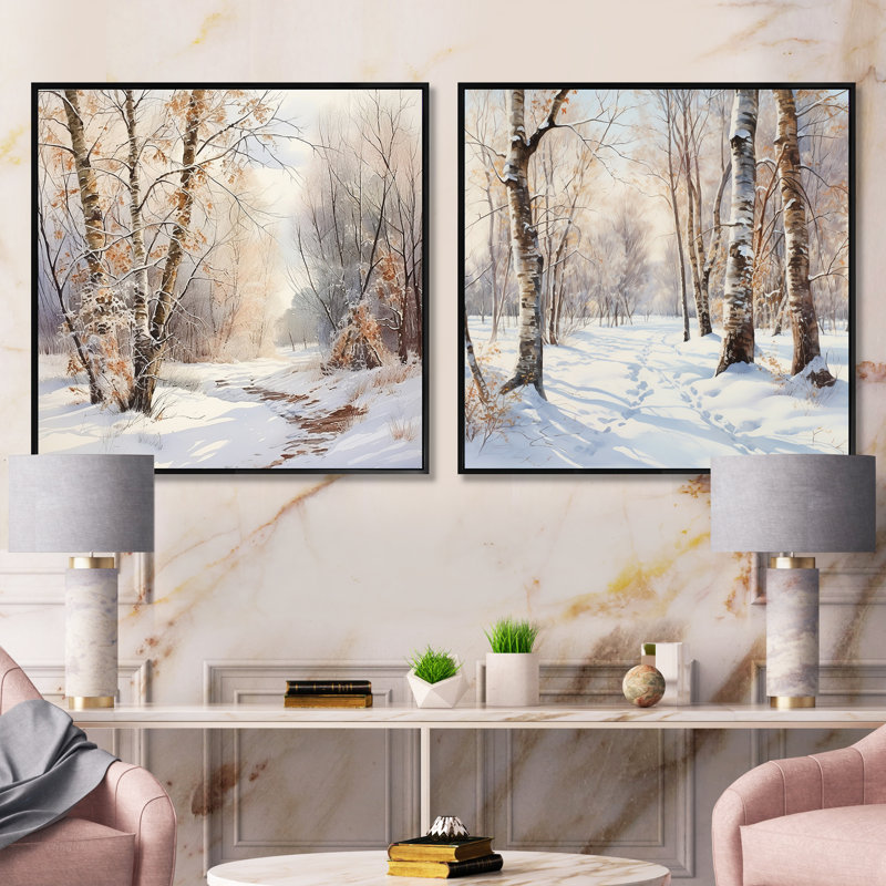 «Trees Charm In Winter», ensemble de 3 arbres carrés, Cadre flottant noir, H 36 po x l 73 po