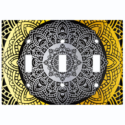 Yellow Black Mandala Circle Patterned 3 - Gang Toggle Light Switch Standard Wall Plate