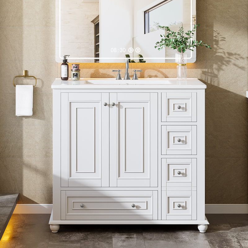 Meuble-lavabo sur pied 36 po en bois massif avec lavabo inclus, Blanc, 36"