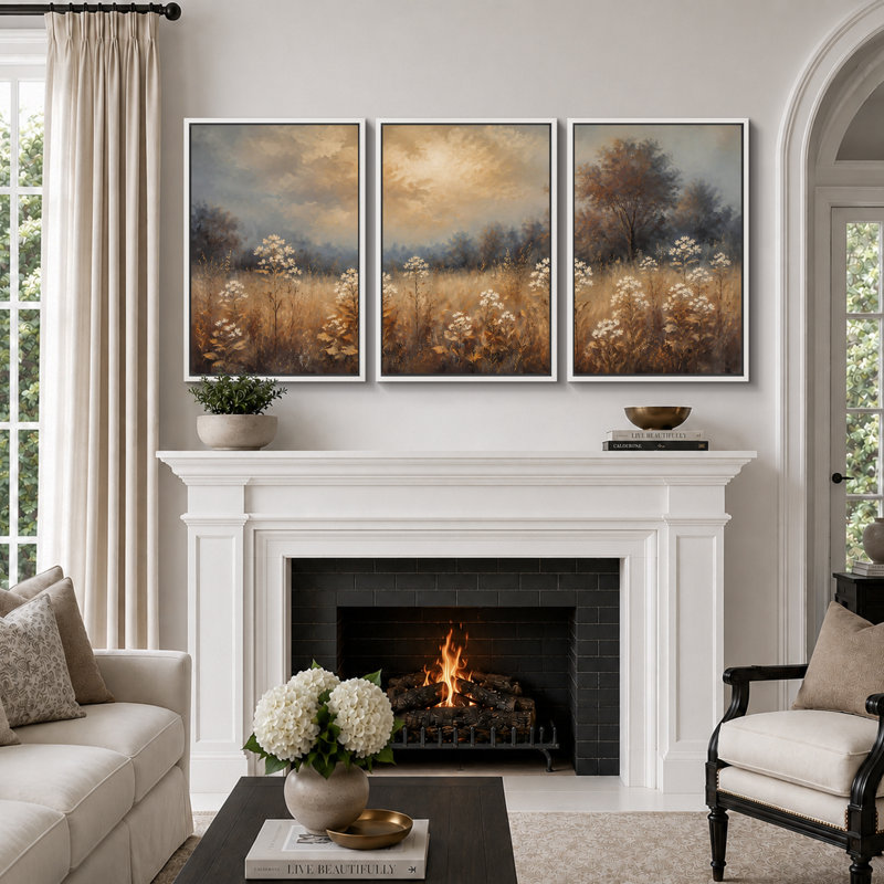 Paysage de prairie fleurie mélancolique, tableau pour chambre, impression giclée sur toile encadrée en 3 pièces - 61 x 91 cm (24 x 36 pouces)