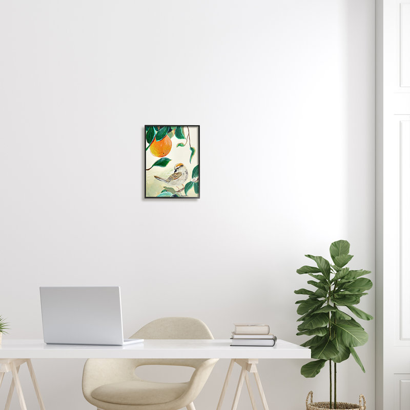 Oiseau perché avec fruit orange, Giclée encadrée noir minuit, H 14 po x l 11 po x P 1,5 po