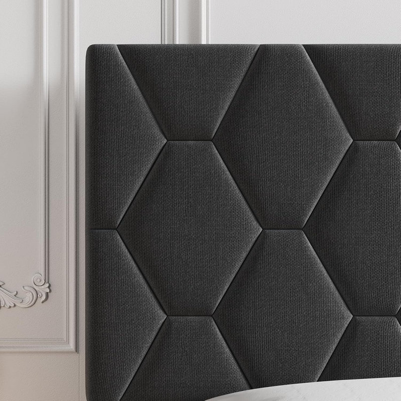 Structure de lit simple tapissier avec tête de lit, plateforme en tissu à motif de losanges, aucun sommier requis, assemblage facile