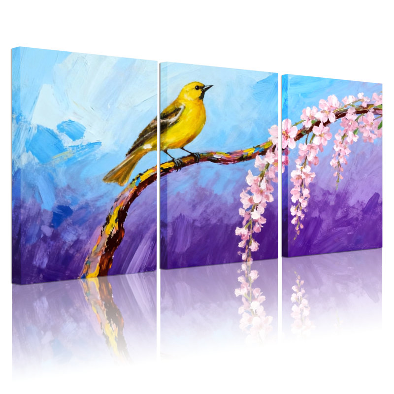 Oiseaux oiseaux jaunes perchés sur une branche de fleur, ensemble de 3 impressions sur toile, H 36 po x l 72 po