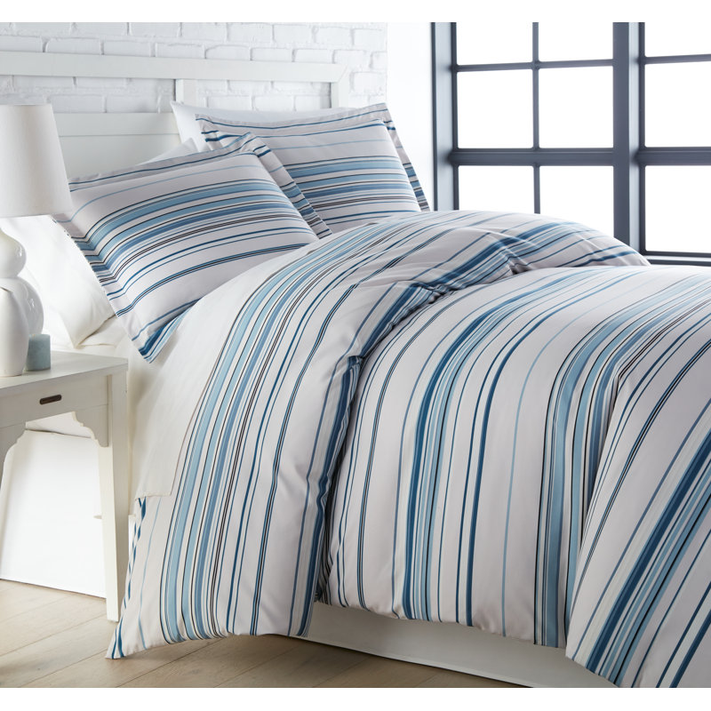 Twin/Twin XL Coastal Blue Striped Microfiber Duvet Cover Set