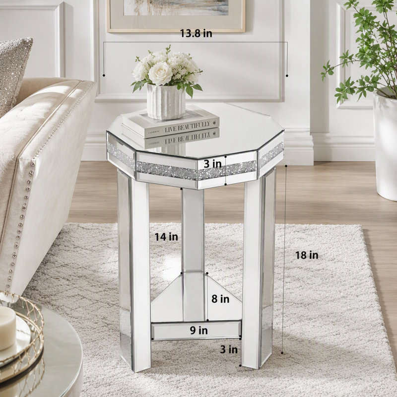 Table de bout en miroir avec incrustation de cristal, H 21 po x l 13,8 po x P 13,8 po
