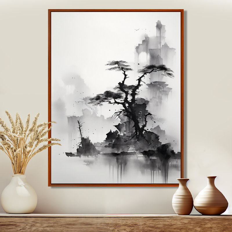 Asian Art Landscape Sumi On Canvas Print, 32" H x 24" W x 1" D, Brown Floater Framed