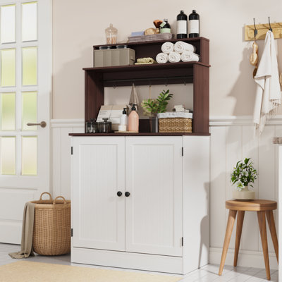 Farmhouse Bar Cabinet With Storage, Coffee Station Cabinet With 5 Hooks, Small Coffee Bar For Kitchen & Living Room by Lark Manor
