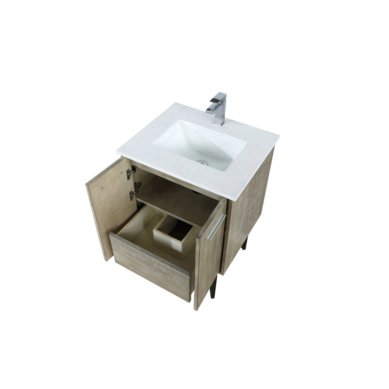 Meuble-lavabo rustique en acacia 24 po X P 20 po D, dessus en quartz blanc et robinet chromé, 24"