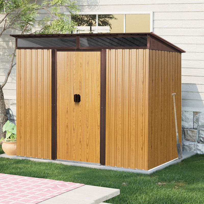 Rangement extérieur en métal 8 x 6 pi avec porte verrouillable (café). Intérieur spacieux. Imperméable. Convient aux équipements de jardin, de pelouse et de patio. -. Stabilité de la fondation.