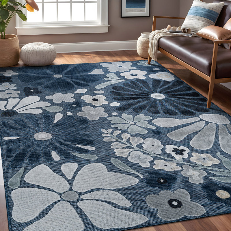 Tapis floral d'intérieur pour l'extérieur, Navy, Rectangle 4' x 6'