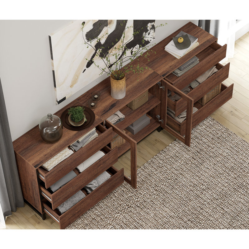 3 In 1 Multifunctional Dresser With Glass Doors And 6 Drawers, Modern Chest Of Drawers With Adjustable Shelf And Metal Base, Closet Organizers And Storage Cabinet For Bedroom