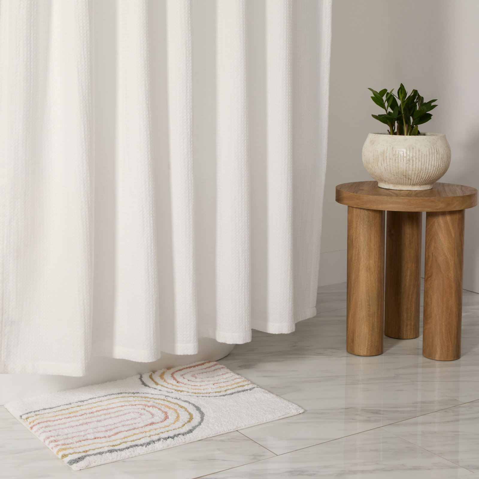 Waffle Textured Cotton Blend Shower Curtain, White