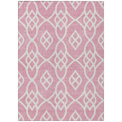 10' X 14' Pink And Ivory Trellis Washable Indoor Outdoor Area Rug
