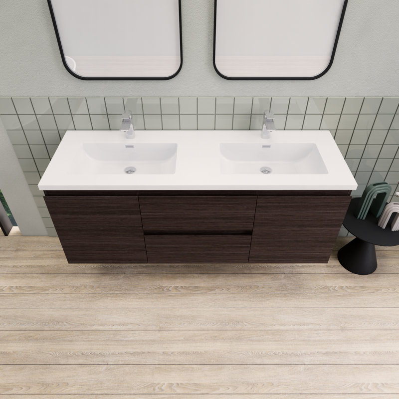 Alcester 59.2'' Double Bathroom Vanity with Resin Top, Dark Gray Oak