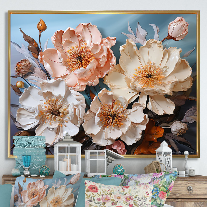 Art pivoines roses, art sur toile Flower Field II, Cadre flottant doré, H 34 po x l 44 po x P 1,5 po