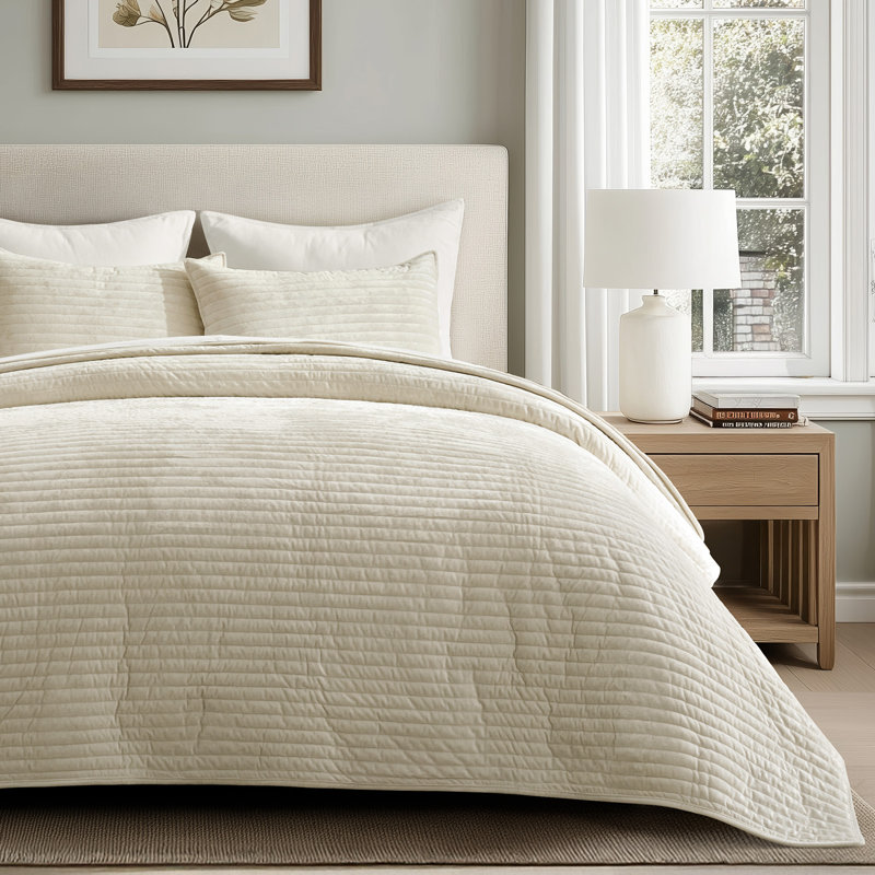 Luxe Velvet Channel Quilt Set, Queen, Beige