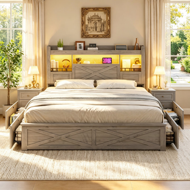 Storage Bed Queen with LED Headboard and Charging Station – Farmhouse Platform Bed with 4 Drawers, Flip-Door Cabinets, USB Ports, No Box Spring Needed, Rustic Gray Wood & Metal Frame